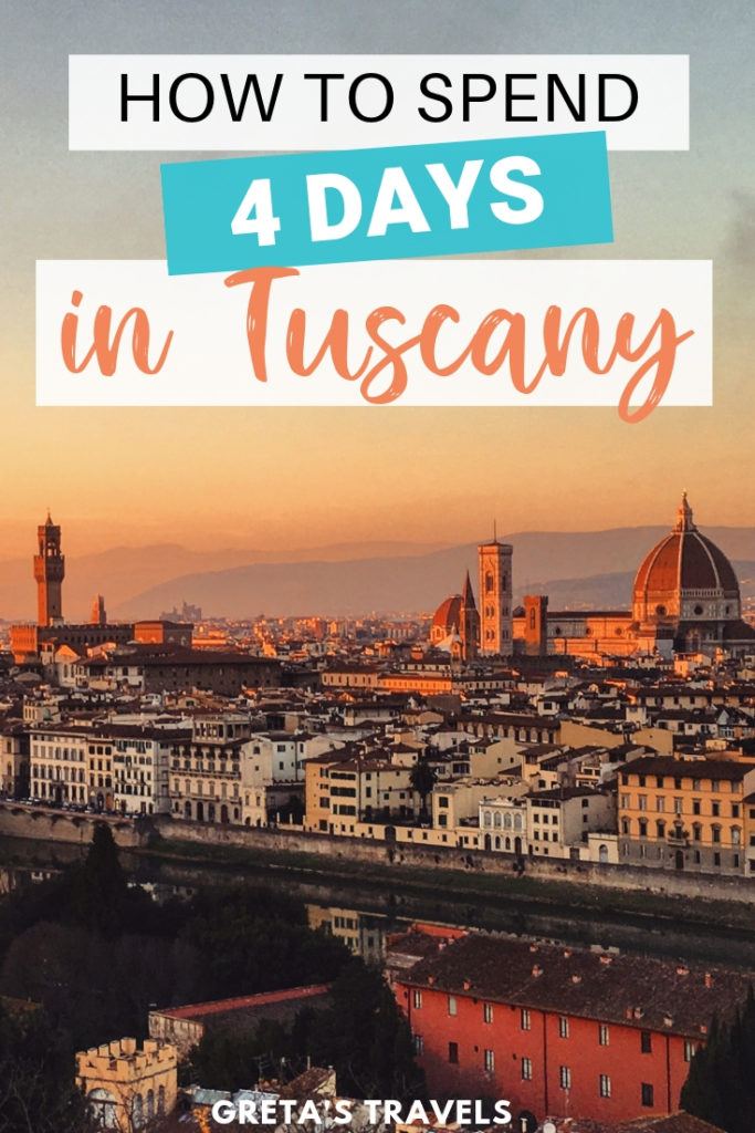 Photo of the sunset over the skyline of Florence with text overlay saying "how to spend 4 days in Tuscany"