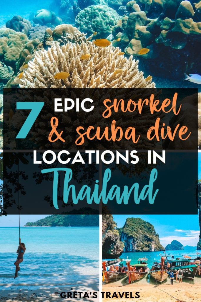 Photo collage of underwater corals and beaches in the Surin Islands with text overlay saying "7 epic snorkel and scuba dive locations in Thailand"