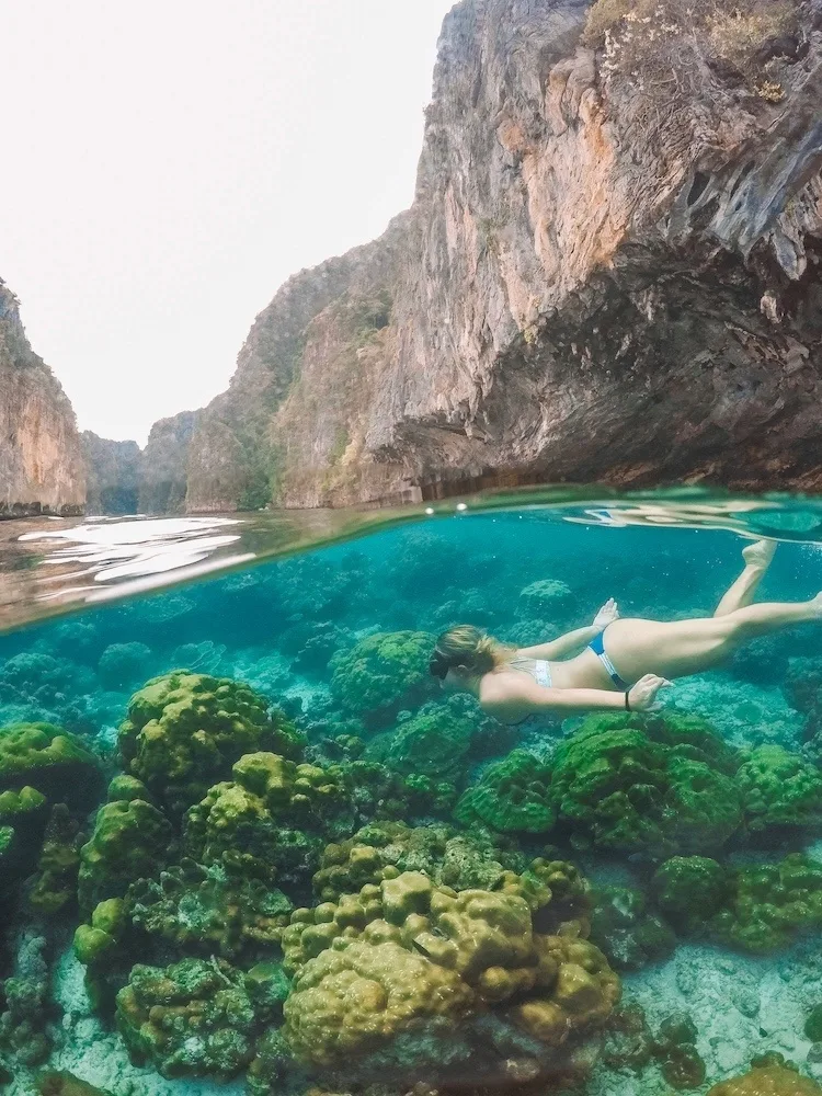Snorkelling in Pileh Lagoon, in the Phi Phi Islands, Thailand - one of the highlights of any day tour to Phi Phi Island