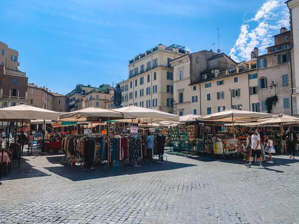 The market in Campo dei Fiori in Rome - the best area to stay in Rome for first timers