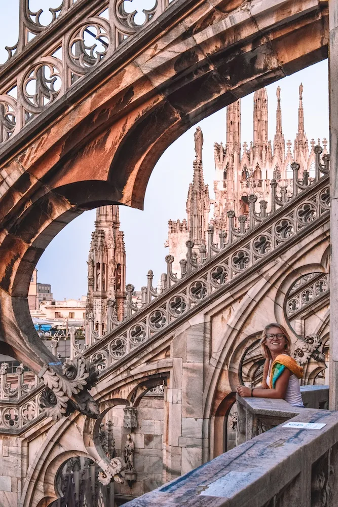 Exploring the rooftop of the Duomo cathedral in Milan, Italy