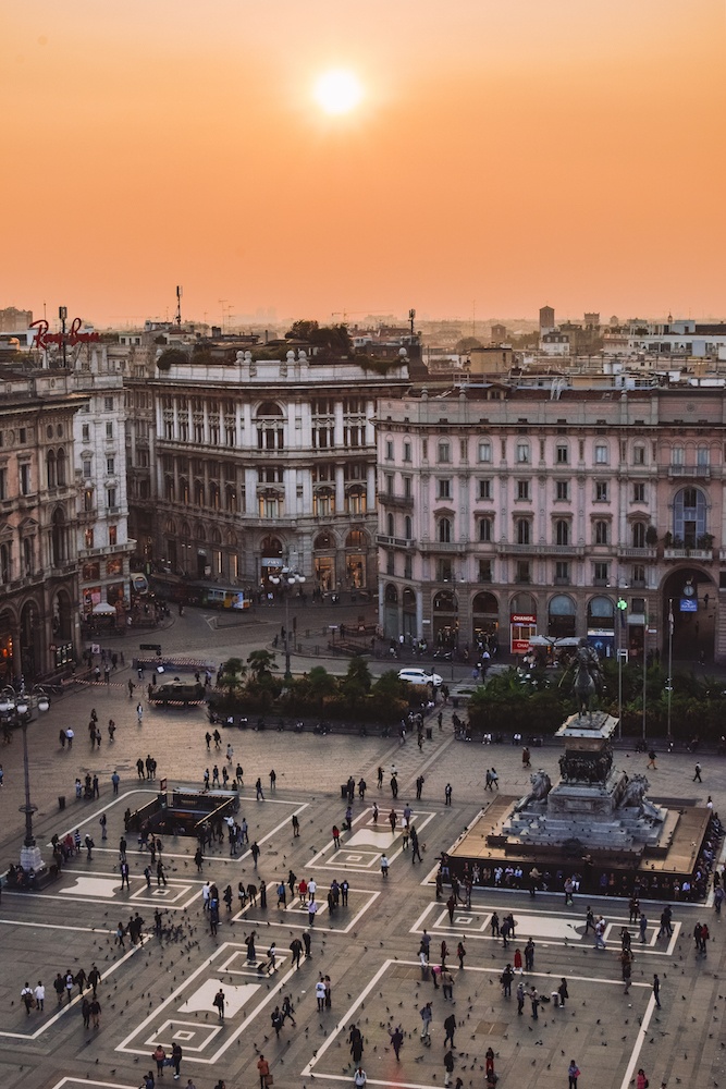 Piazza del Duomo seen from the rooftop of the Duomo in Milan, Italy