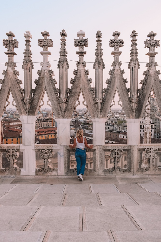 Exploring the rooftop of the Duomo cathedral in Milan, Italy