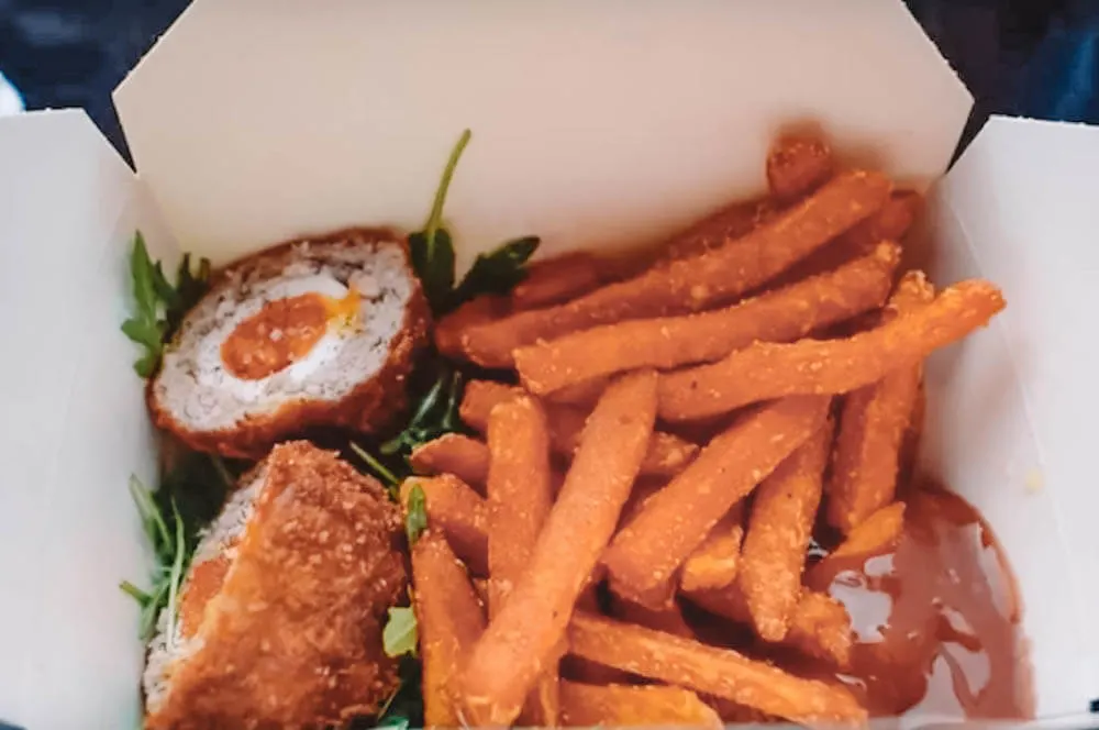 The scotch egg and sweet potato fries of Borough Market, London