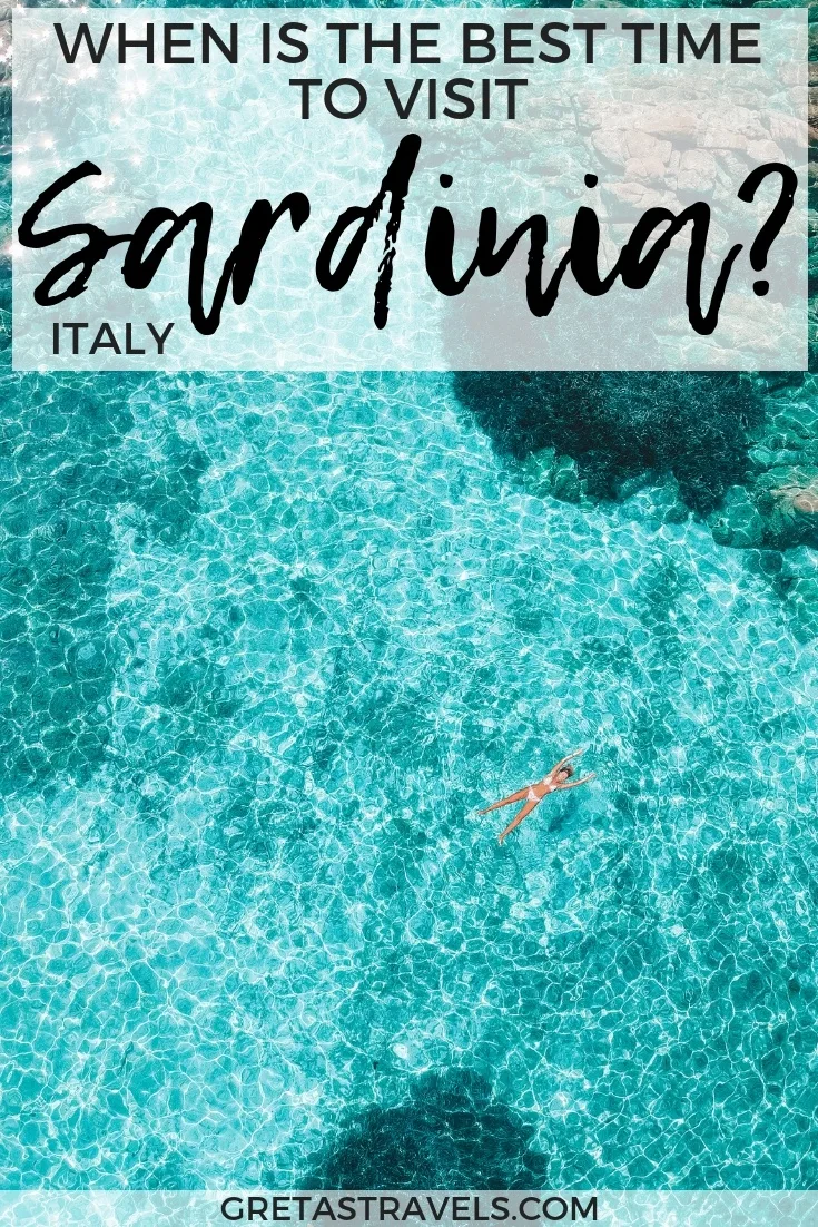 Drone shot of a girl swimming in the clear water of Maddalena Island with text overlay saying "when is the best time to visit Sardinia? Italy"