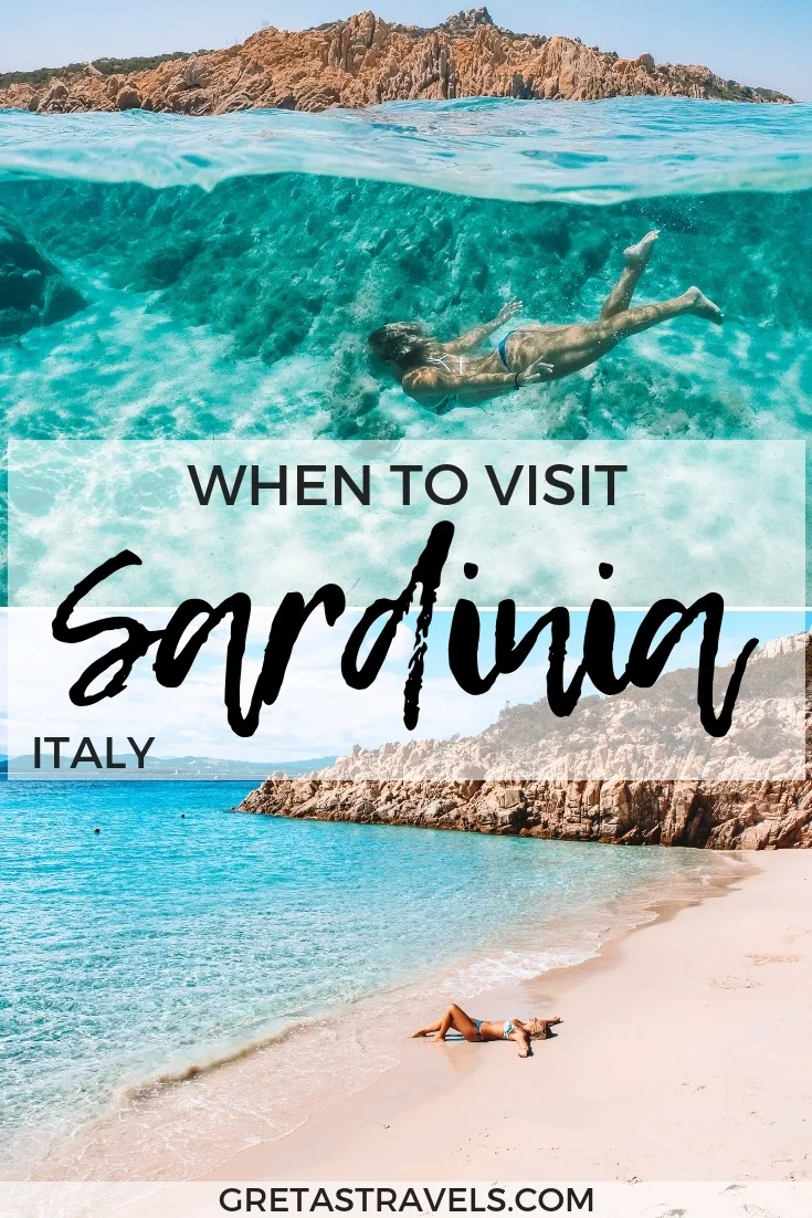 Photo collage of a girl on a beach and a girl swimming in Sardinia with text overlay saying "When to visit Sardinia, Italy"