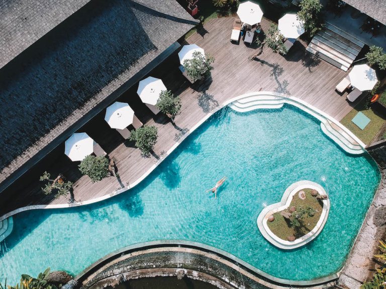 Drone shot of the main pool at Desa Visesa Ubud