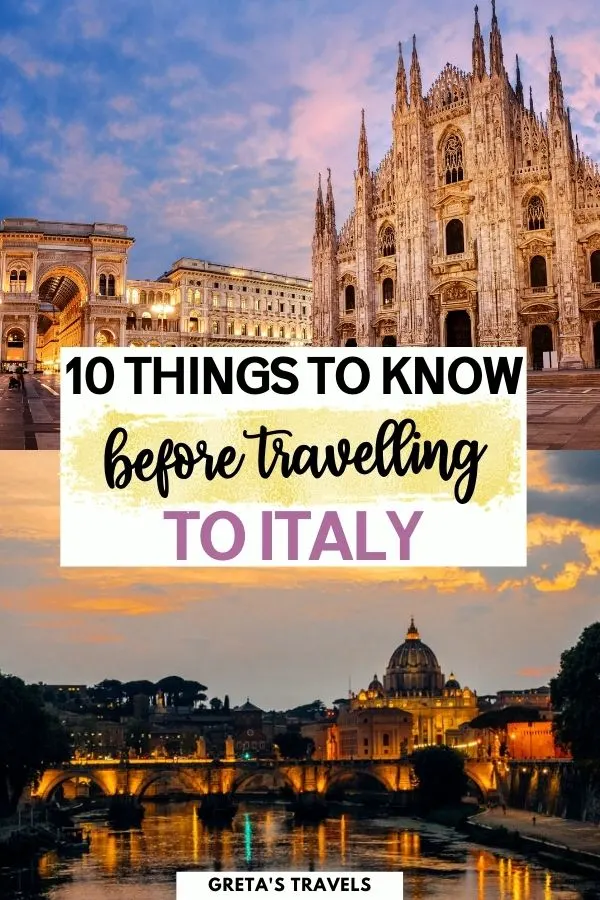 Photo collage of the sunset from Ponte Umberto in Rome and Piazza del Duomo in Milan with text overlay saying "10 things to know before travelling to Italy"