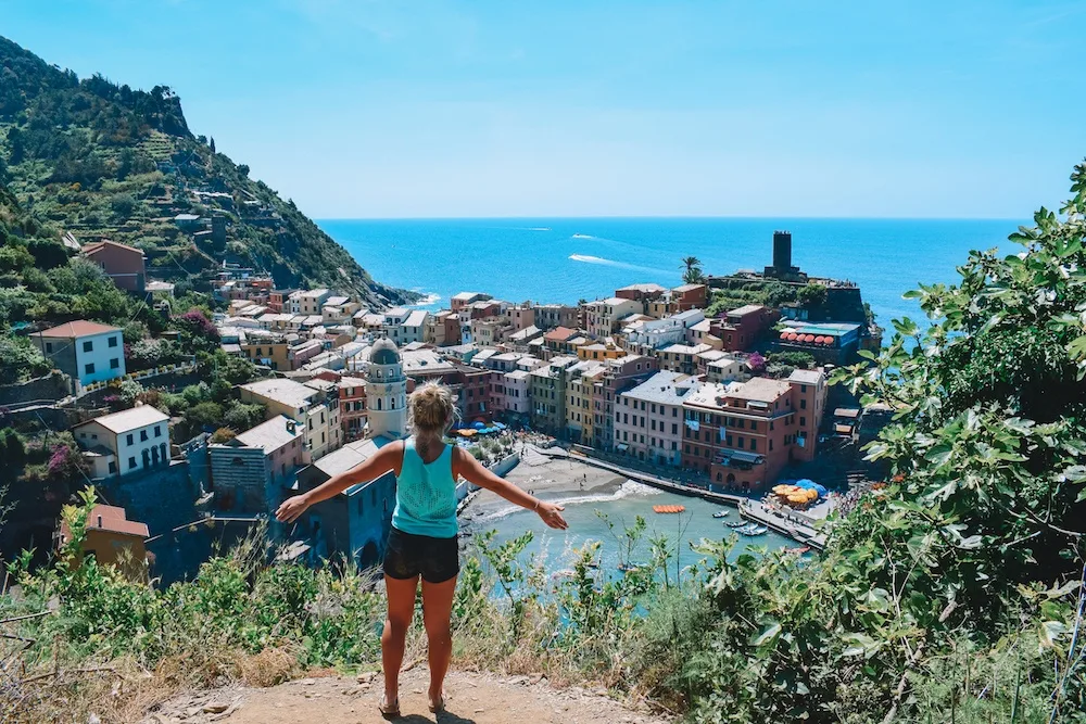 Admiring the colourful houses of Vernazza, one of the five towns along the Sentiero Azzurro in Cinque Terre, Italy
