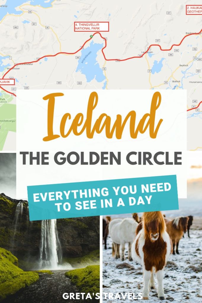 Collage of a map of the Golden Circle, Gulfoss waterfall and Icelandic horses with text overlay saying "Iceland, the Golden Circle - everything you need to see in a day"