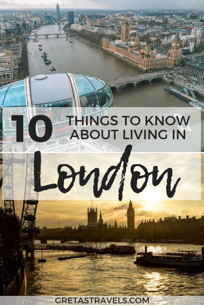 Photo collage of Westminster at sunset and the view over London from the London Eye with text overlay saying "10 things to know about living in London"