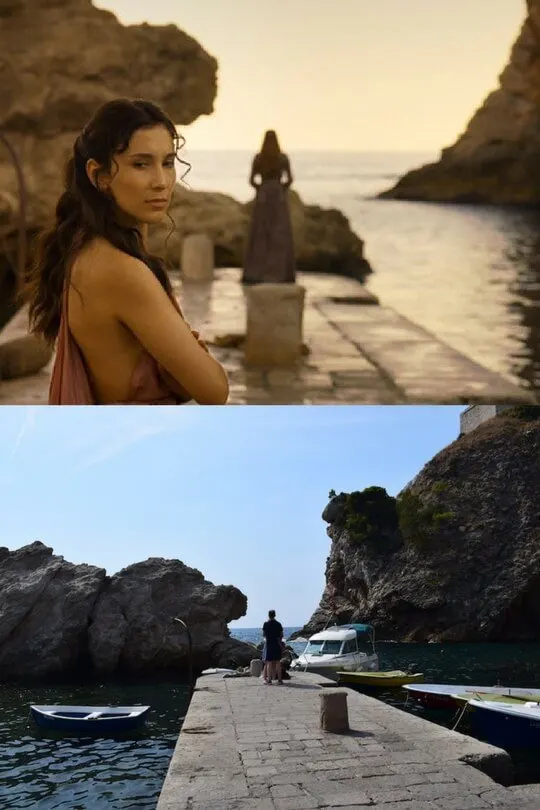 Shae and Sansa in Blackwater Bay in Episode X, Season X above, the real life pier below