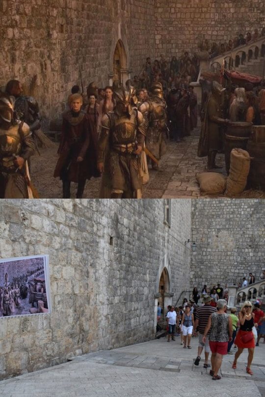 The riot scene in Episode 2, Season 6 above, the entry to the Old Town of Dubrovnik below