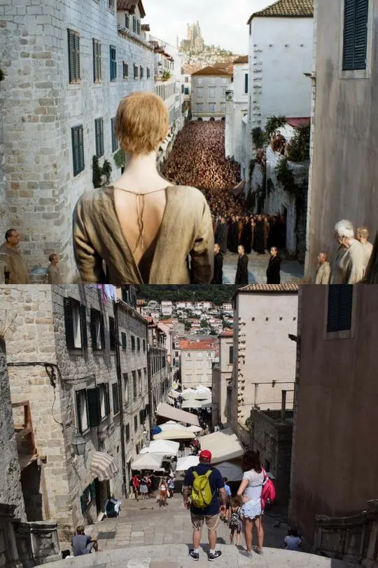 Cersei getting ready for the Walk of Shame in Episode X, Season X above, the view from the Spaniard steps below