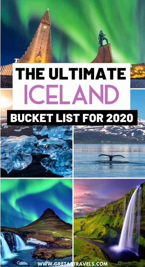 Collage of waterfalls in Iceland, Reykjavik, whales and the black sand beaches in Iceland with text overlay saying "the ultimate Iceland bucket list for 2020"
