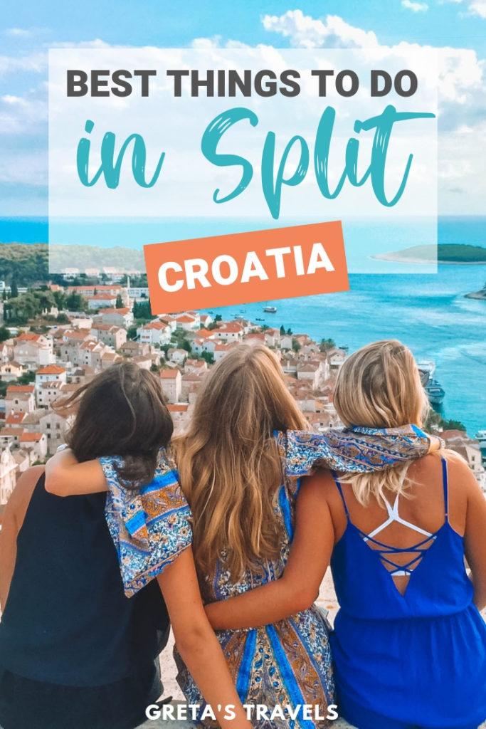 Three girls overlooking the harbour of Hvar with text overlay saying "best things to do in Split, Croatia"