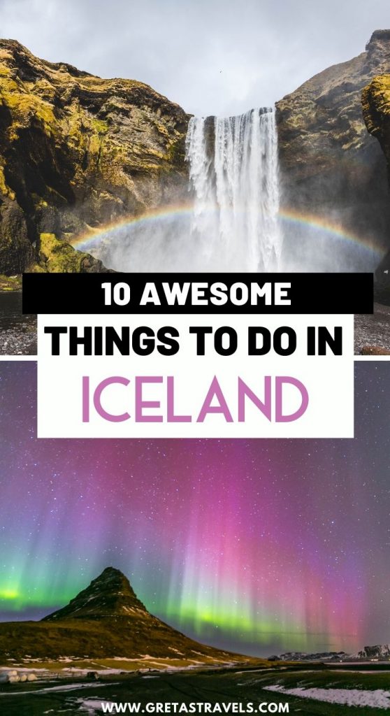 Collage of famous waterfalls in Iceland and the northern lights with text overlay saying "20 awesome things to do in Iceland"