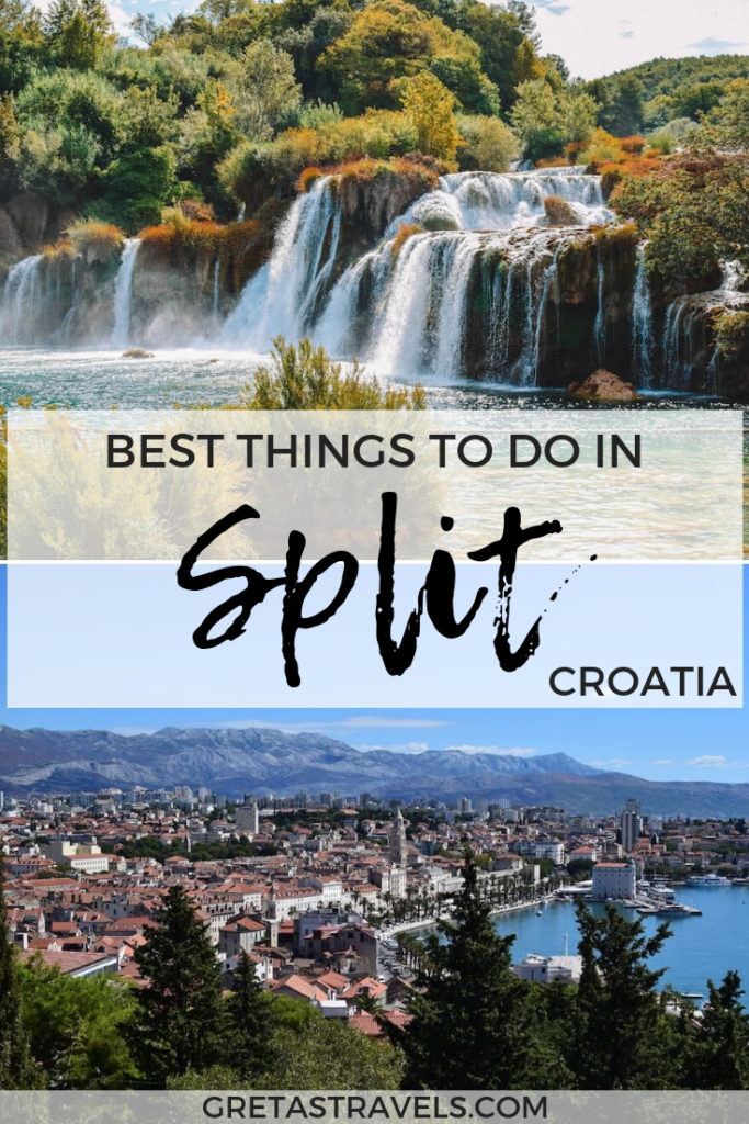 Collage of Krka waterfalls and the view over Split with text overlay saying "best things to do in Split, Croatia"