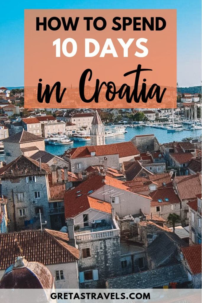 View of the rooftops of Trogir from the cathedral bell tower with text overlay saying "how to spend 10 days in Croatia"