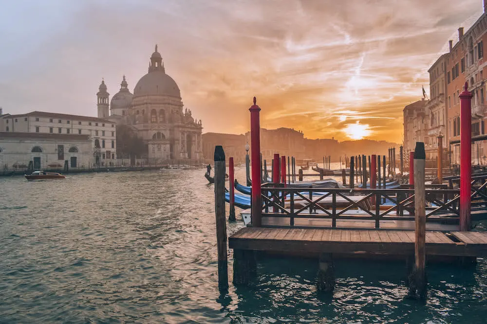 The best sunset spot in Venice, Italy, just across from the Basilica di Santa Maria della Salute