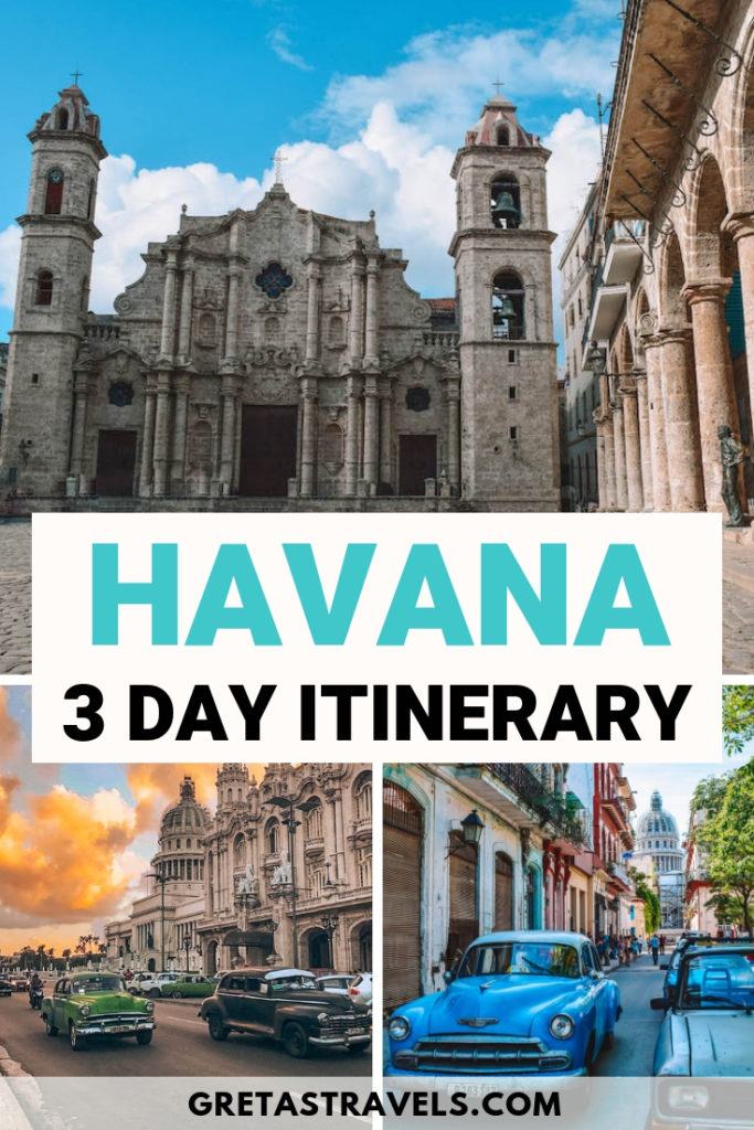 Photo collage of Habana Vieja, the Capitolio at sunset and the colourful houses of Havana with text overlay saying "Havana 3-day itinerary"