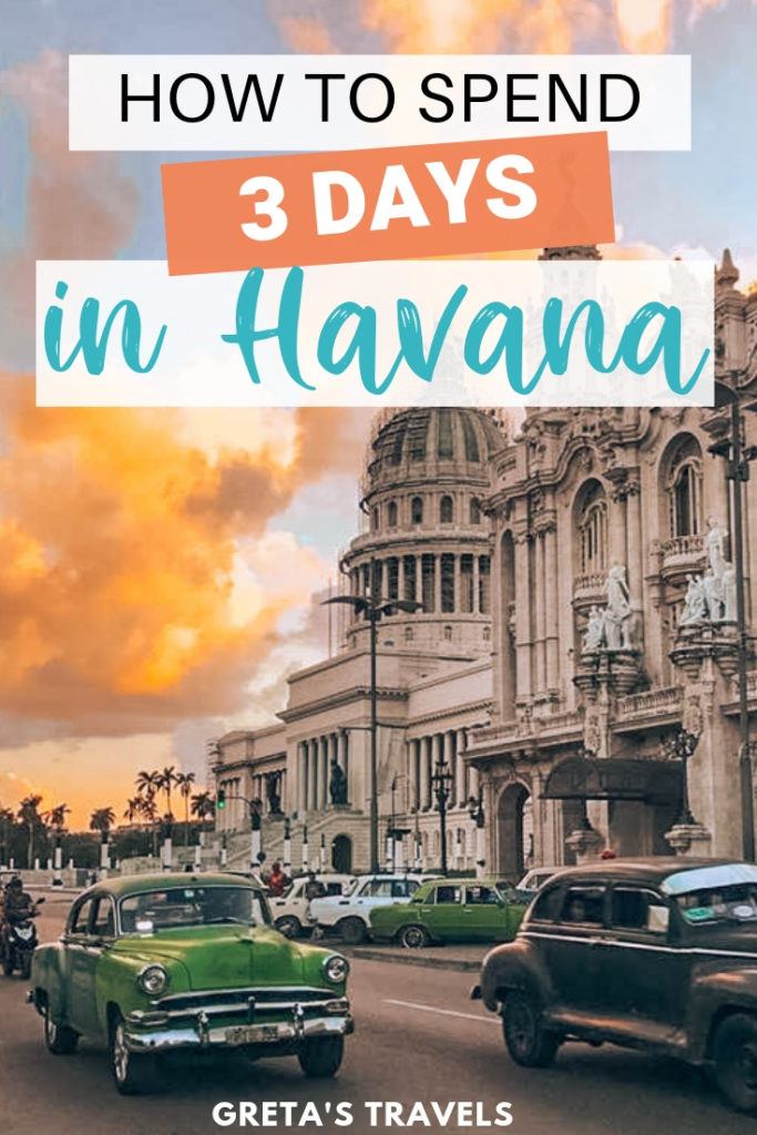 Photo of the Capitolio in Havana at sunset with text overlay saying "how to spend 3 days in Havana"
