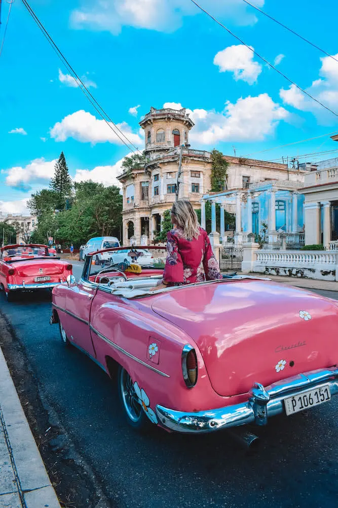 Exploring Havana in our pink vintage Chevrolet 