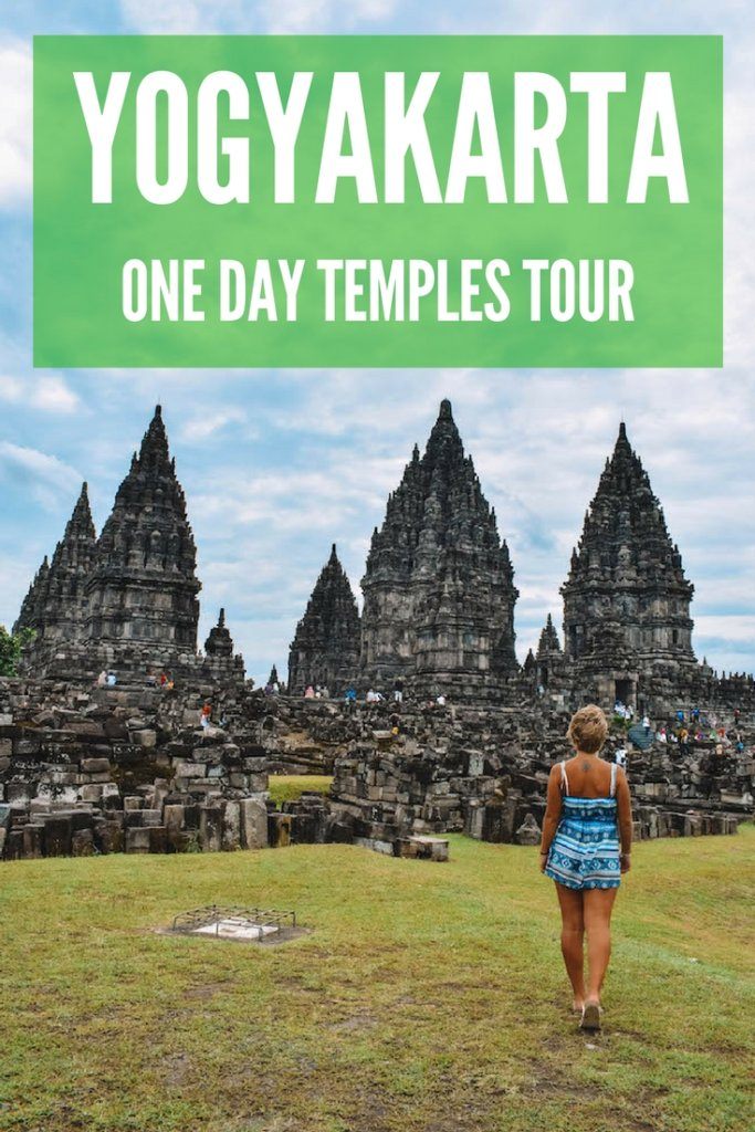 Blonde girl walking in front of Prambanan temple with text overlay saying "Yogyakarta one-day temples tour"