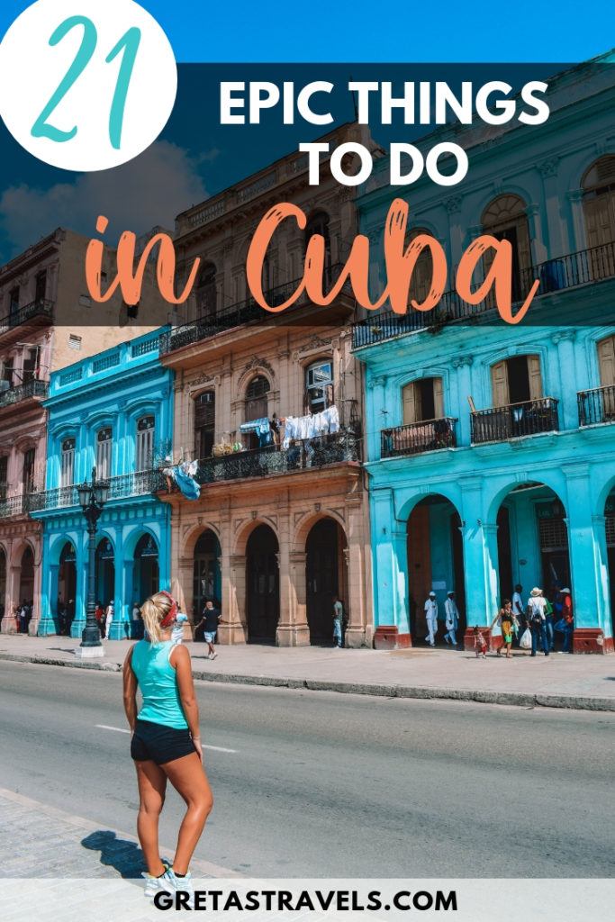 Photo of a blonde girl in front of the colourful colonial houses in Havana with text overlay saying "20 epic things to do in Cuba"