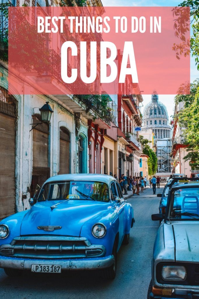 Photo of a vintage car driving down the colourful streets of Havana with text overlay saying "best things to do in Cuba"