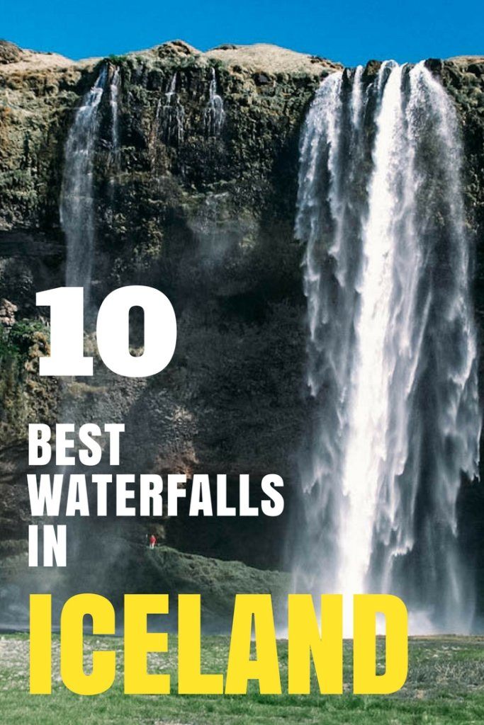 Photo of an Icelandic waterfall with text overlay saying "10 best waterfalls in Iceland"