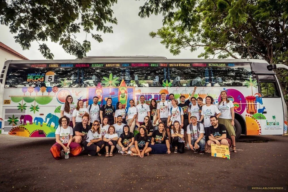 The bloggers of Kerala Blog Express Season 5 and the KBE bus. Photo by Jinson Abraham @jinsabraham @keralatourism