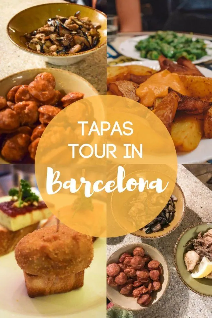 Photo collage of traditional Spanish tapas with text overlay saying "tapas tour in Barcelona"