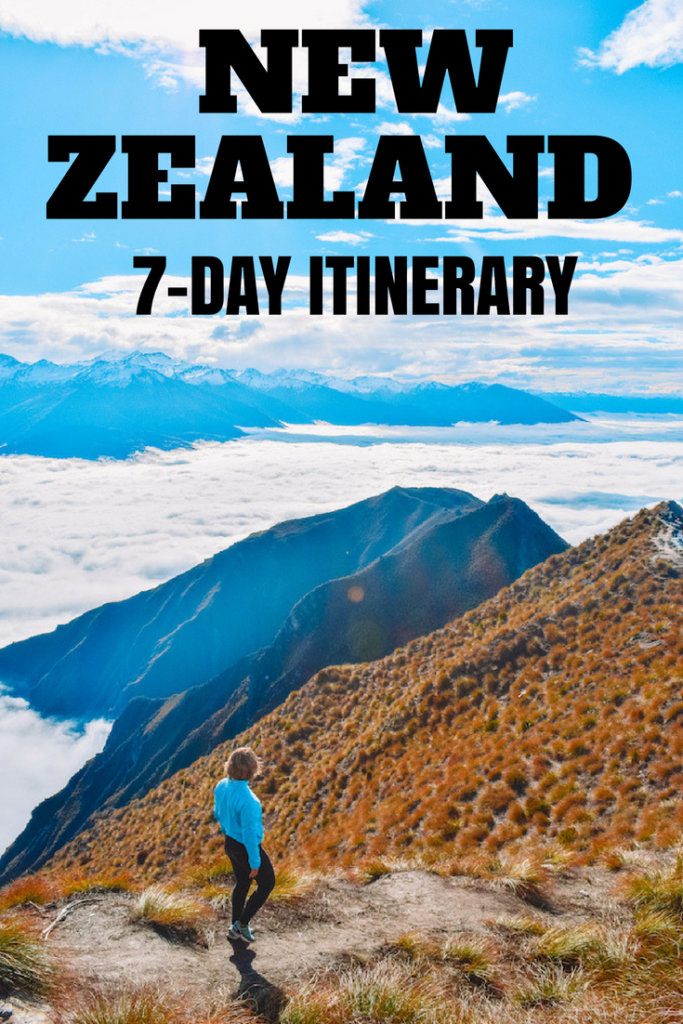 Girl admiring the snowy peaks and clouds view from the top of Roy's Peak, with text overlay saying "New Zealand 7-day itinerary"