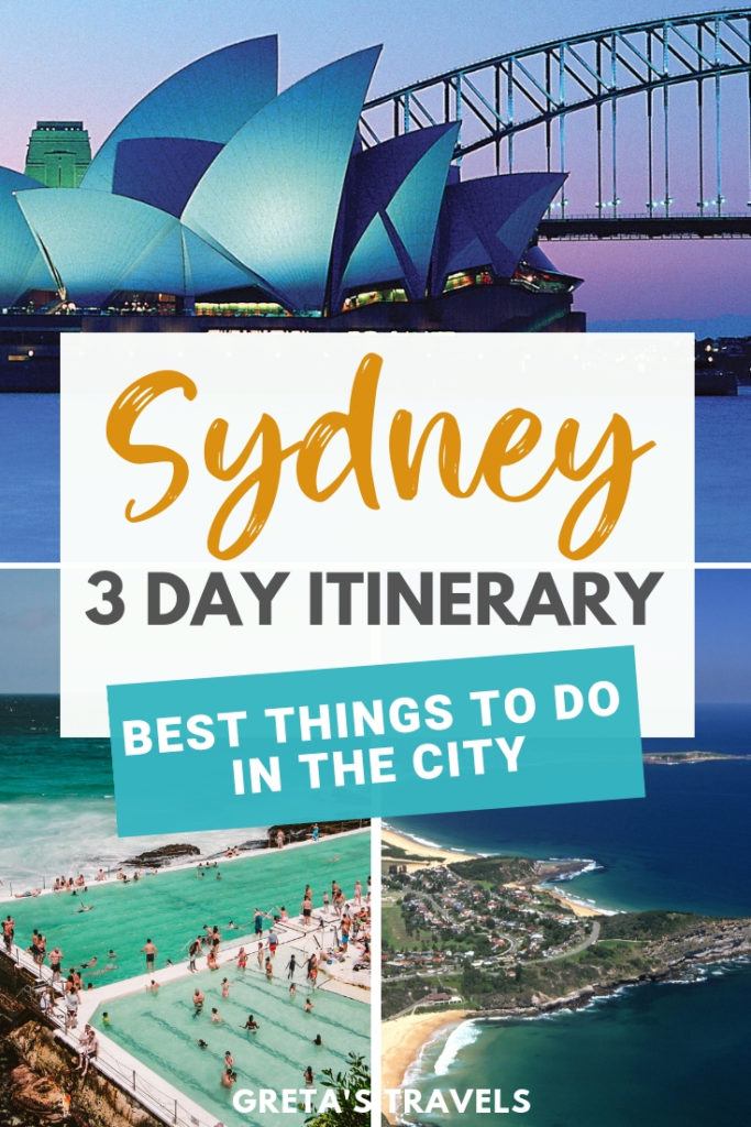 Photo collage of Sydney Opera House and Bondi Beach with text overlay saying "Sydney 3-day itinerary - the best things to do in the city"