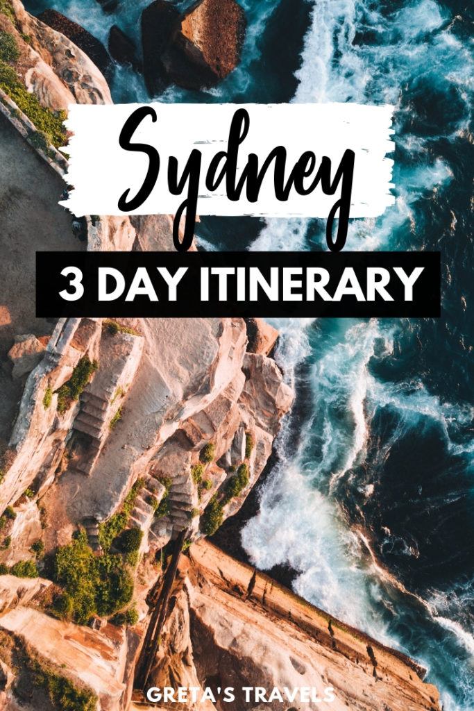 Drone shot of a beach in Sydney with text overlay saying "Sydney 3-day itinerary"