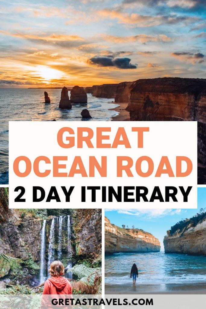 Photo collage of the Twelve Apostles at sunset, Hopetoun Falls and Loch Ard Gorge with text overlay saying "Great Ocean Road 2-day itinerary"