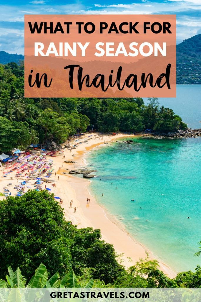 Photo of a beach in Thailand with text overlay saying "what to pack for rainy season in Thailand"