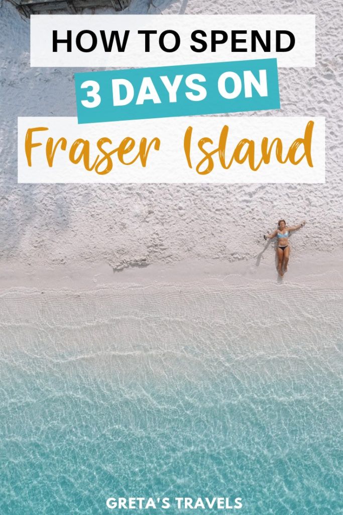 Drone shot of a blonde girl lying by the shore of Lake McKenzie with text overlay saying "how to spend 3 days on Fraser Island"