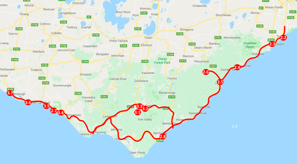 Map of the Great Ocean Road attractions and our road trip route