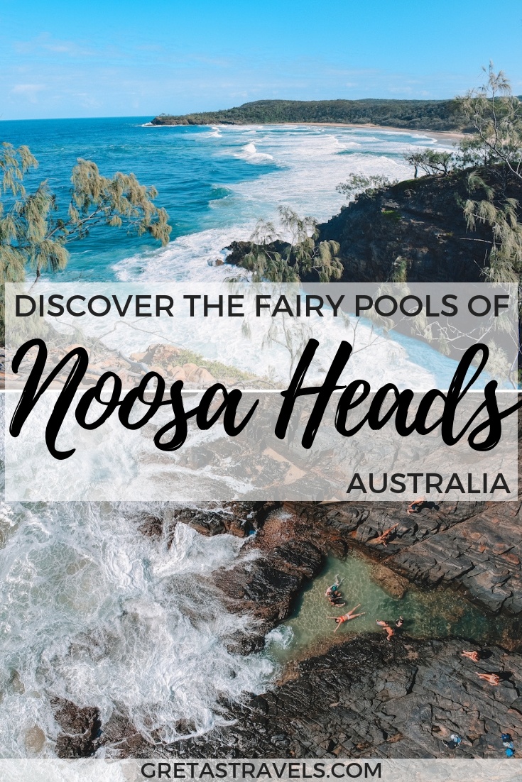 Photo collage of a drone shot of the rock pools of Noosa and the coastline from Hell's Gate with text overlay saying "Discover the fairy pools of Noosa Heads, Australia"