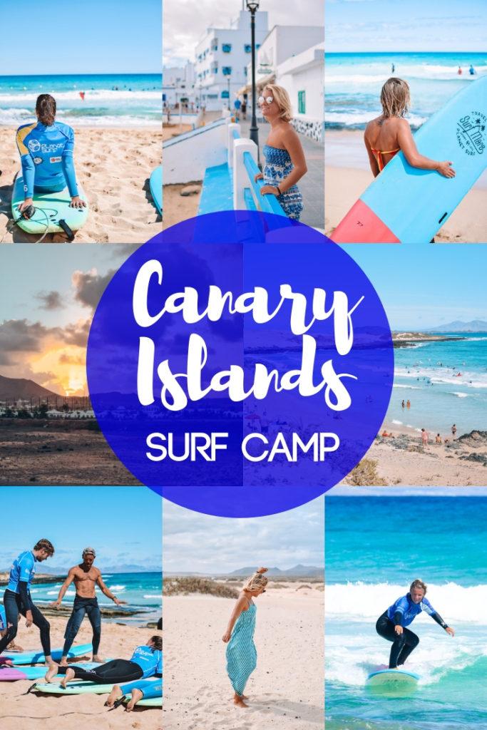 Photo collage of people surfing and the harbour of Corralejo in Fuerteventura with text overlay saying "Canary Islands surf camp"