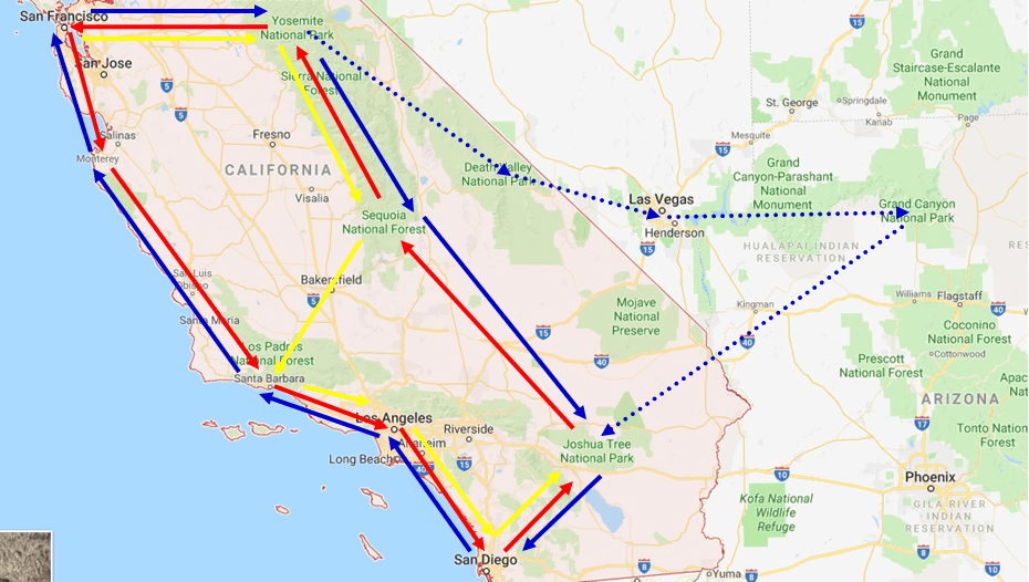Map with possible USA West Coast road trip itineraries