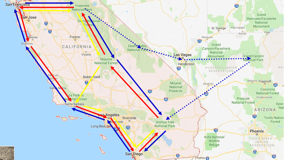 Mapa con posibles itinerarios de road trip por la Costa Oeste de Estados Unidos