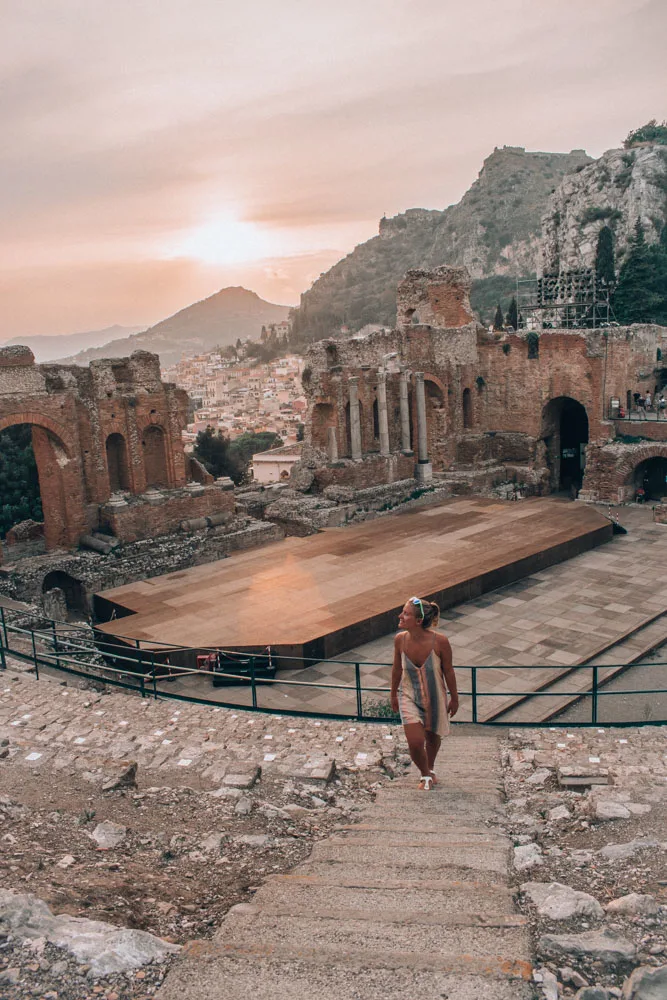 Exploring the Greek amphitheatre of Taormina at sunset