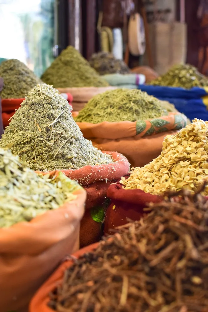 A spice selection in the souks of the Medina of Marrakech, Morocco
