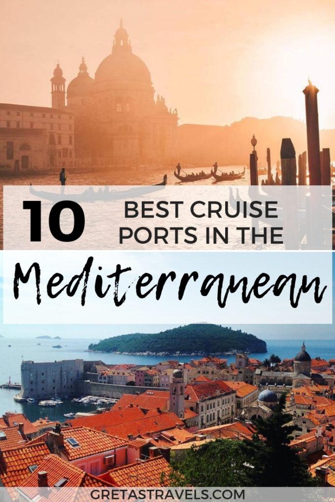 Photo collage of a sunset in Venice and the rooftops of Dubrovnik with text overlay saying "10 best cruise ports in the Mediterranean"