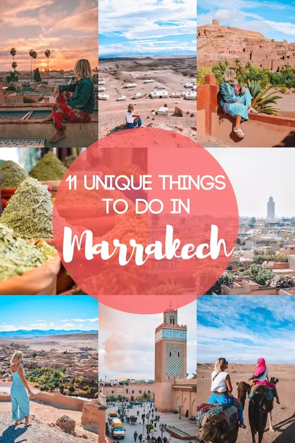 Photo collage of iconic Marrakech spots with text overlay saying "11 unique things to do in Marrakech"