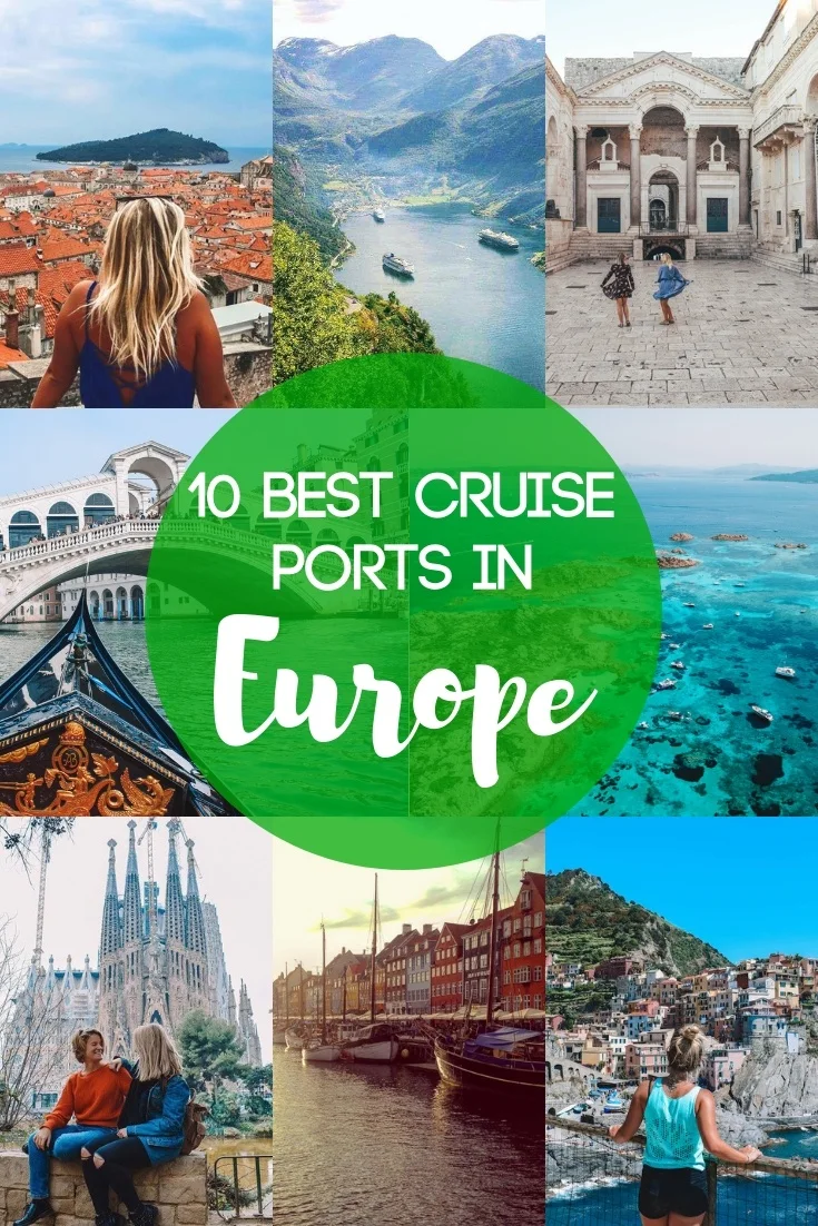 Photo collage of iconic spots in Barcelona, Dubrovnik, Cinque Terre, Split and Venice with text overlay saying "10 best cruise ports in Europe"