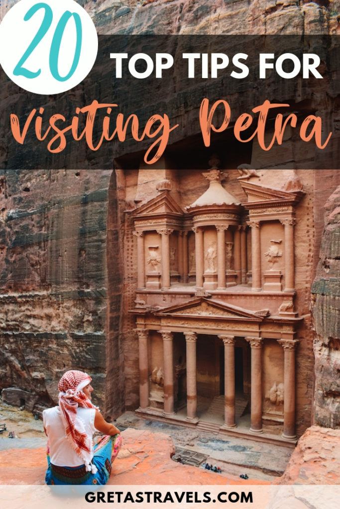 Blonde girl overlooking the Treasury of Petra with text overlay saying "20 top tips for visiting Petra"